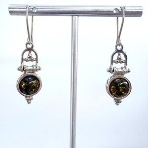 Amber Bezel Set Dangle Earrings VTG Sterling Silver 925 Size 1.75" Length